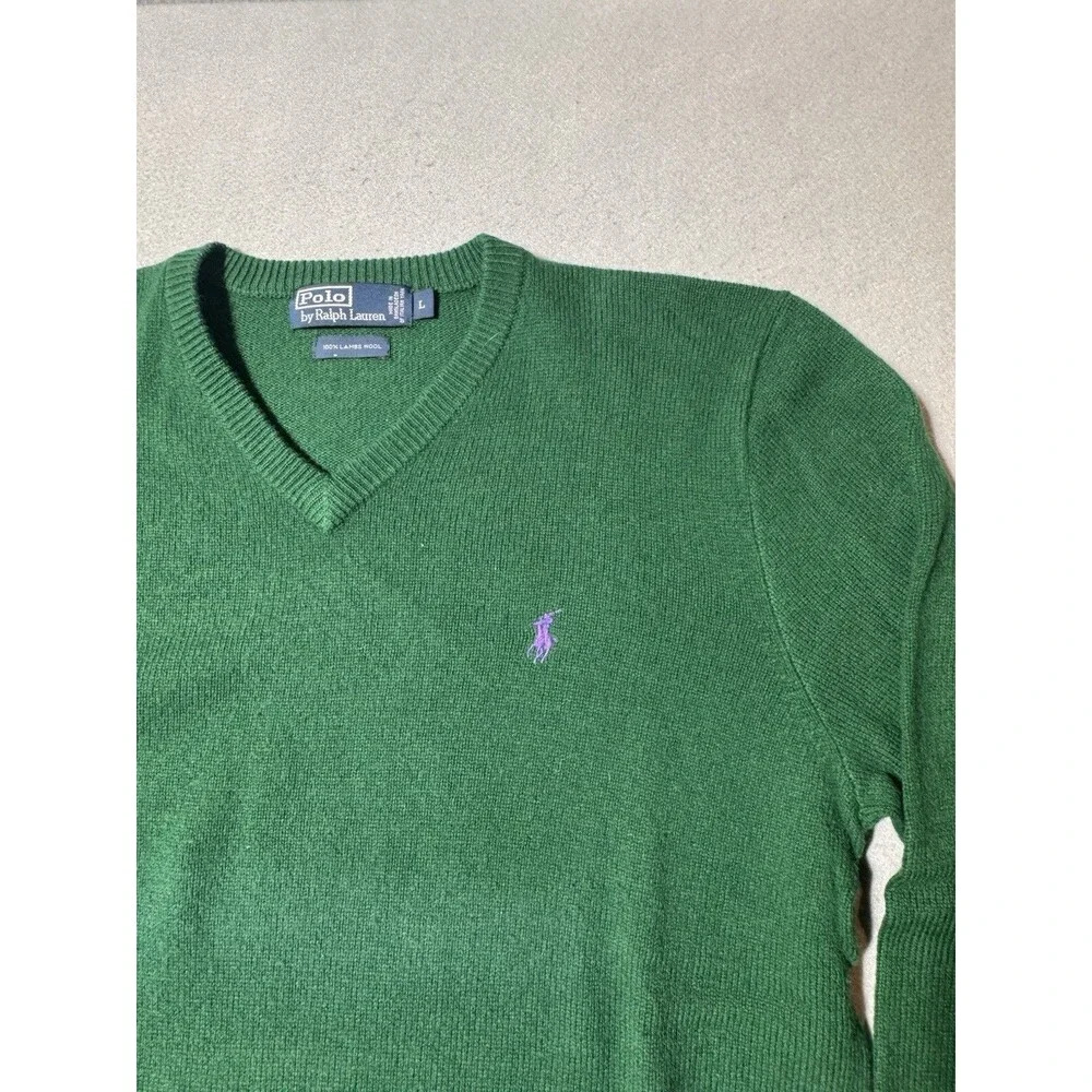Polo Ralph Lauren Lambs Wool Sweater Men's L Green V Neck Pullover Pony Logo